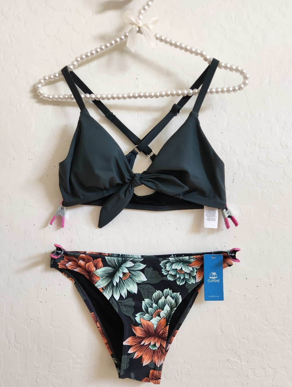 Cupshe Floral Bikini Set - Black with Teal & Coral Flowers